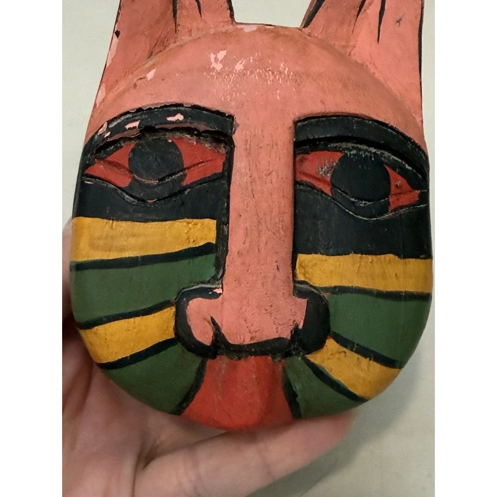 Vintage‎ Folk Art Cat Hand Carved Wood Trinket Box Multicolor Kitty
